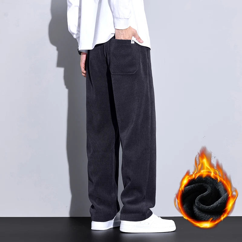 Winter Fleece Warm Stretch Corduroy Pants Men Thick Elastic Waist Korean Trousers Baggy Straight Jogger Outdoors Sweatpants Male