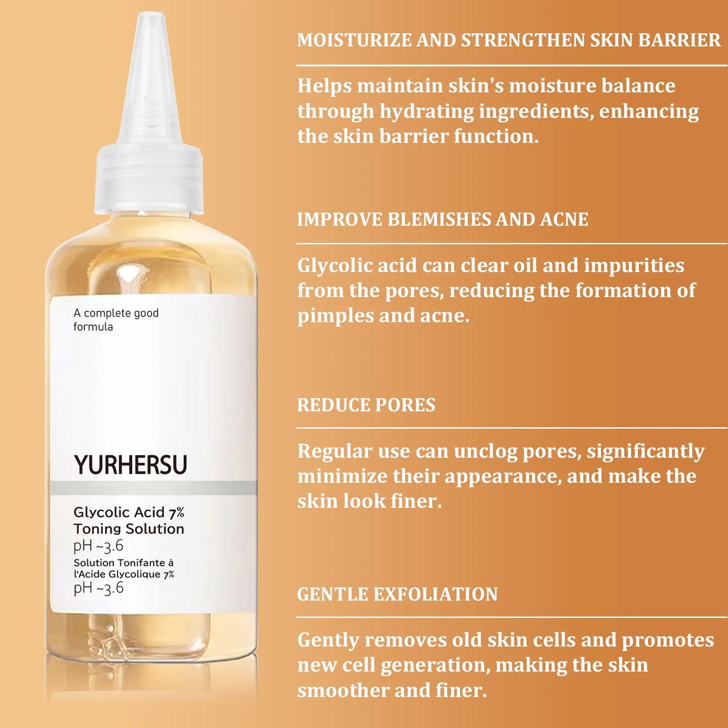 Glycolic Acid 7% Toner Gentle formula, nourishes and moisturizes skin, refreshing and non-sticky.