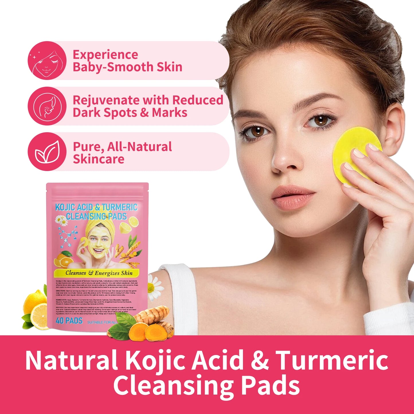 Kojic Acid & Turmeric Facial Cleansing Pads - 40 Count, Brightening Exfoliating Glow for All Skin Types, Dark Spot Treatment