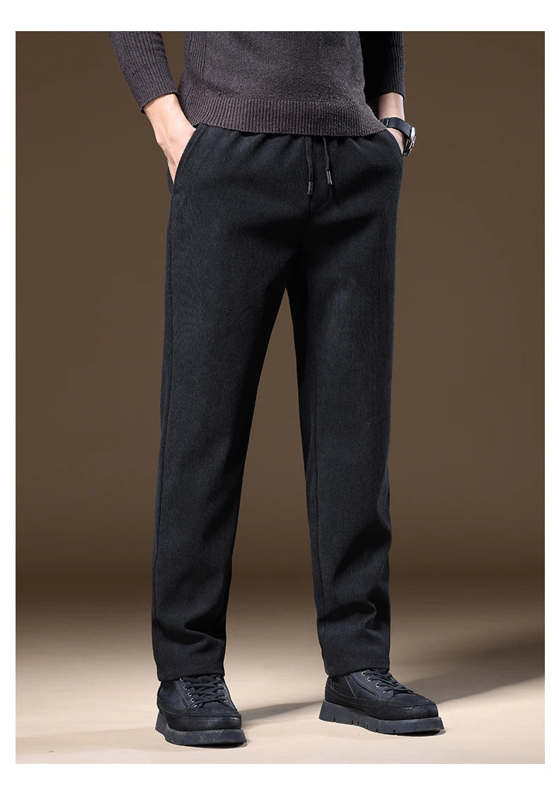 OUSSYU Brand Clothing Autumn Winter Corduroy Casual Pants Men Pocket Zipper Elastic Waist Thick Outdoors Jogging Trousers Male