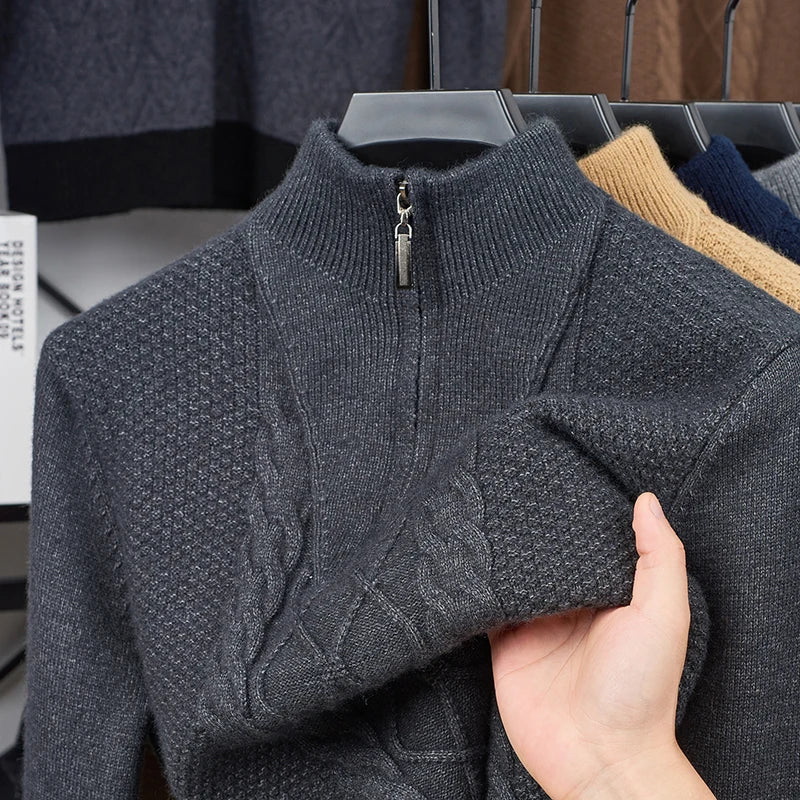 Men's Wool Sweater Half-Zip High-Neck Pullover Thickened Winter Dadwear Innerwear Base Layer