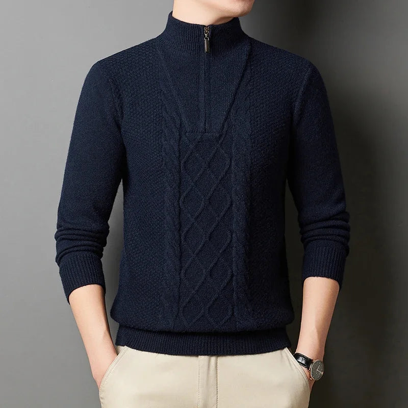 Men's Wool Sweater Half-Zip High-Neck Pullover Thickened Winter Dadwear Innerwear Base Layer