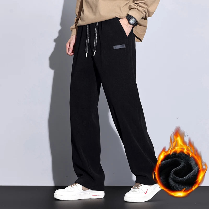 Winter Fleece Warm Stretch Corduroy Pants Men Thick Elastic Waist Korean Trousers Baggy Straight Jogger Outdoors Sweatpants Male