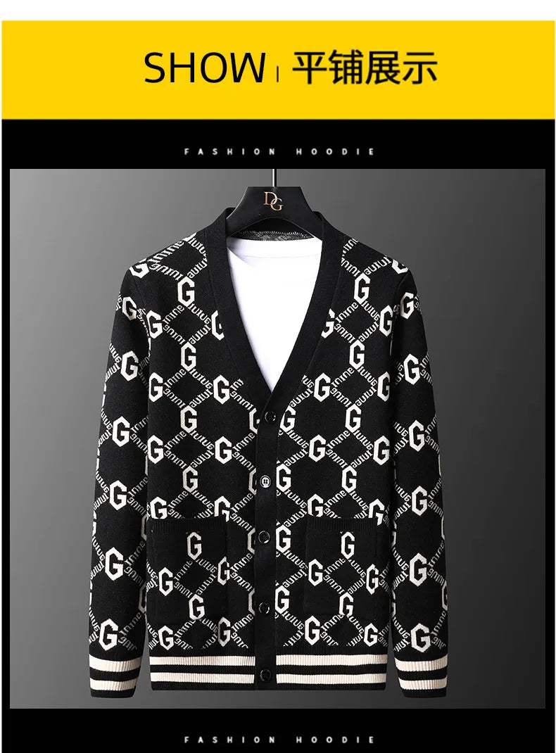 Luxury Quality Men's Knit Cardigan V-neck G Letter Jacquard Pocket Sweatercoat Japan Fashion Casual Exquisite Winter Men's Wear