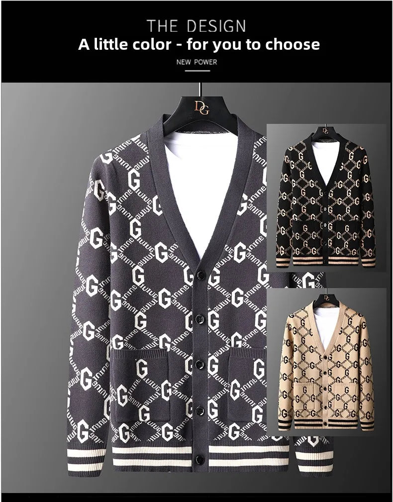 Luxury Quality Men's Knit Cardigan V-neck G Letter Jacquard Pocket Sweatercoat Japan Fashion Casual Exquisite Winter Men's Wear