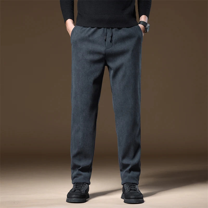 OUSSYU Brand Clothing Autumn Winter Corduroy Casual Pants Men Pocket Zipper Elastic Waist Thick Outdoors Jogging Trousers Male