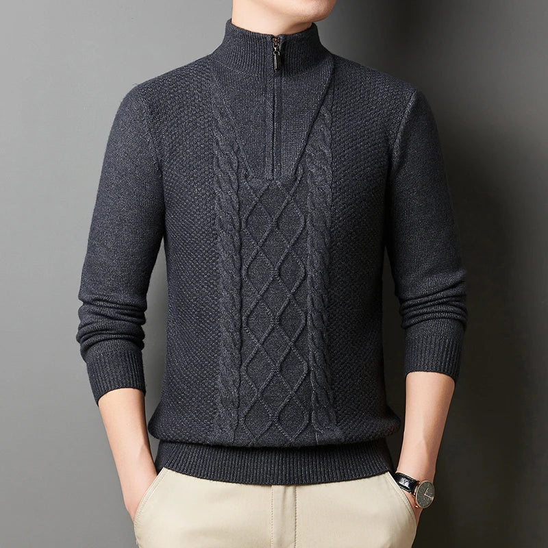 Men's Wool Sweater Half-Zip High-Neck Pullover Thickened Winter Dadwear Innerwear Base Layer