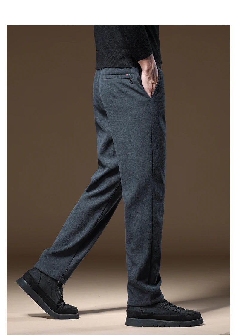 OUSSYU Brand Clothing Autumn Winter Corduroy Casual Pants Men Pocket Zipper Elastic Waist Thick Outdoors Jogging Trousers Male