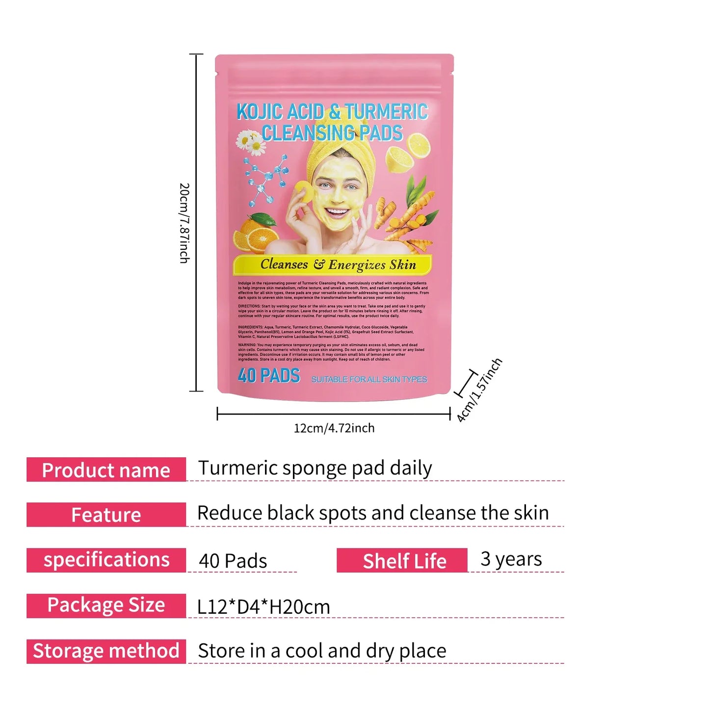 Kojic Acid & Turmeric Facial Cleansing Pads - 40 Count, Brightening Exfoliating Glow for All Skin Types, Dark Spot Treatment