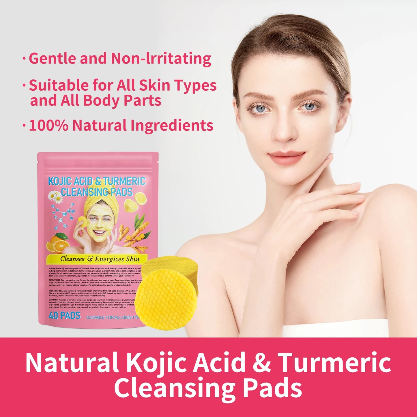 Kojic Acid & Turmeric Facial Cleansing Pads - 40 Count, Brightening Exfoliating Glow for All Skin Types, Dark Spot Treatment