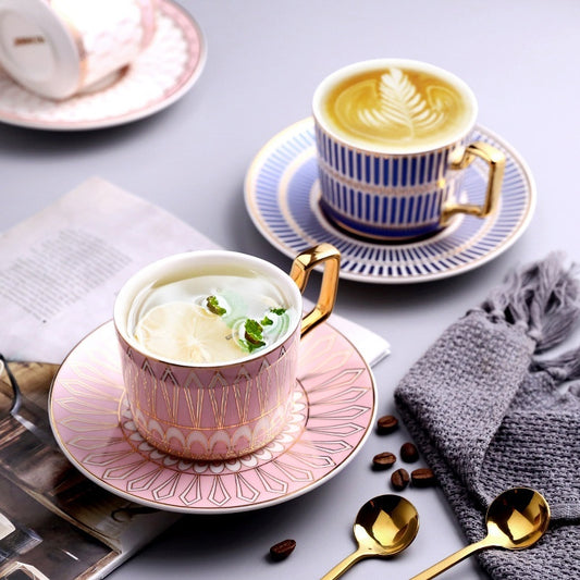 Gilded Ceramic Coffee Cup With Gold Trim European British Style Tea Cup With Saucer And Spoon