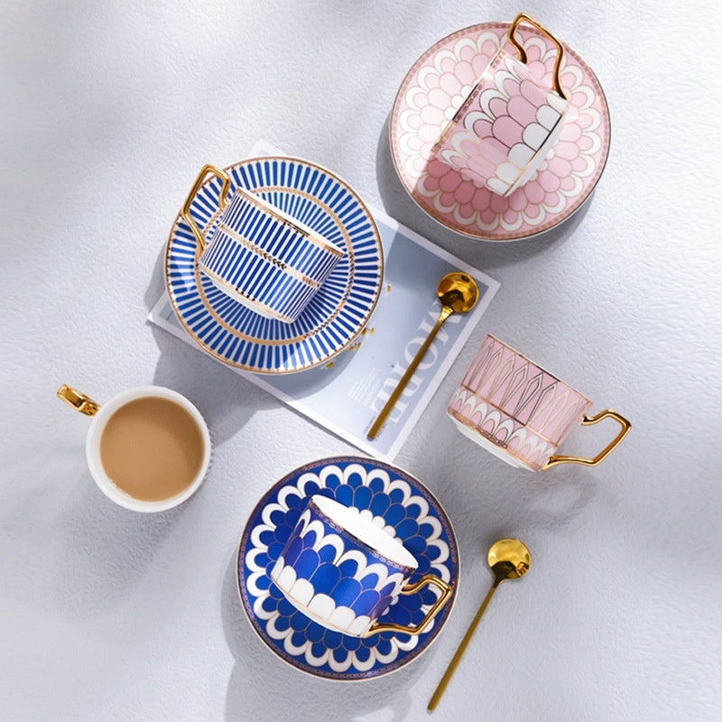Gilded Ceramic Coffee Cup With Gold Trim European British Style Tea Cup With Saucer And Spoon
